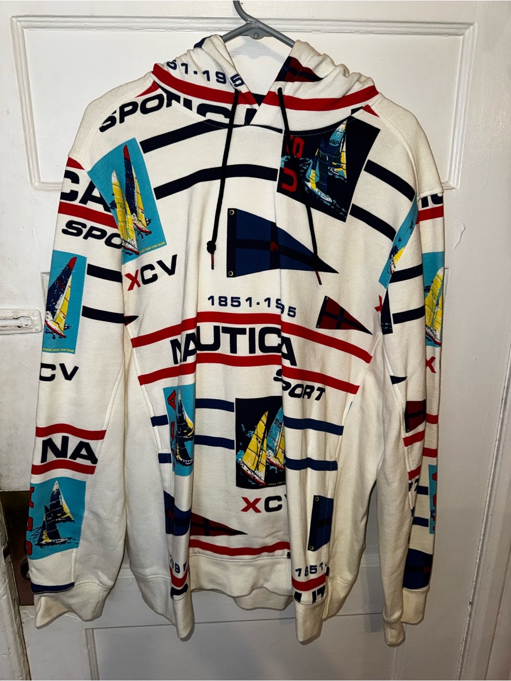 Nautica White Pullover Hoodie with Red, Navy & Turquoise Nautical Graphics